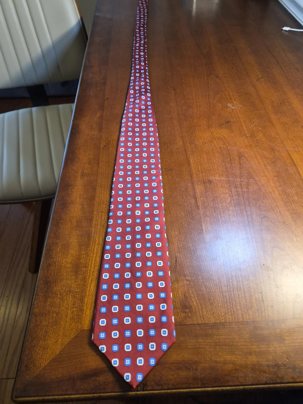 Brooks Brothers Red Silk Tie with Blue and White Geometric Squares
